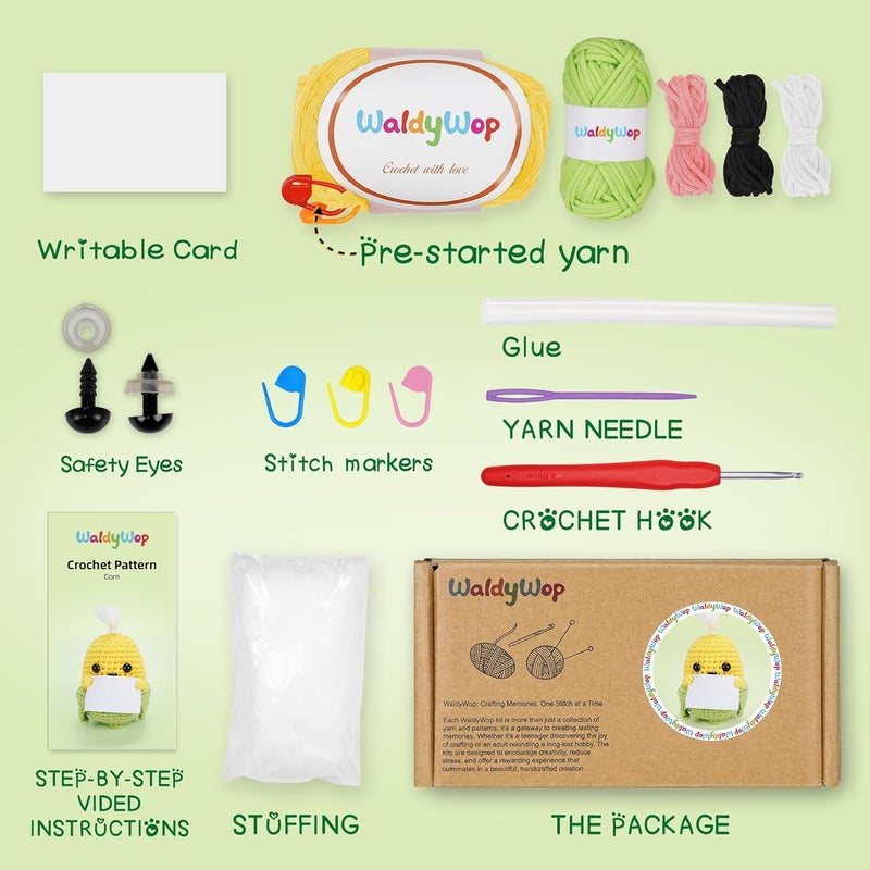 WaldyWop Wobbles Crochet Kit for Beginners: Ideal Gifts for Women w/Positive Card - Easy Craft Kits for Starter Adults w/40% Extra Soft Yarn, Step-by-Step Video Tutorials, Corn Crochet Pattern - Image 2